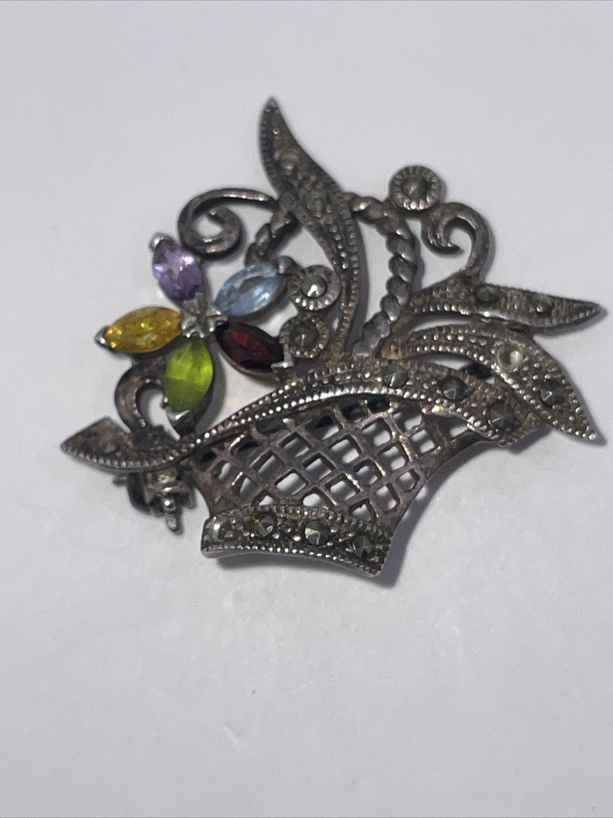 VTG Sterling Silver Marcasite Gemstone Flower Basket Brooch Pin Designer Signed