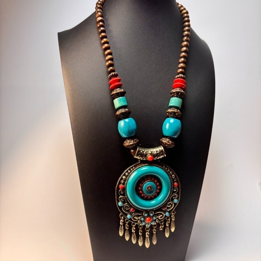 Chunky Vintage Necklace Wood Beads Boho Chunky Blue Resin Pendant