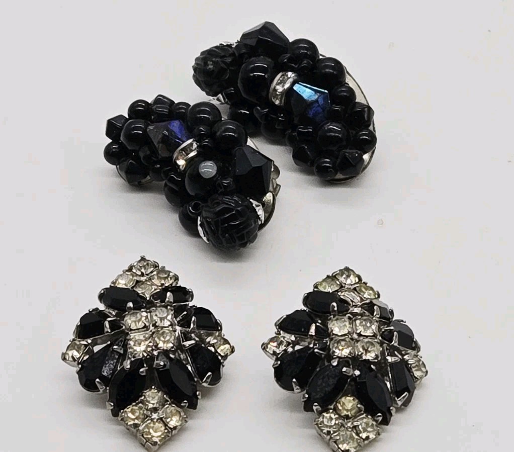 Art Deco Clip on Earrings Lot Set of 2 Black with White Crystal Silver Tone Vtg