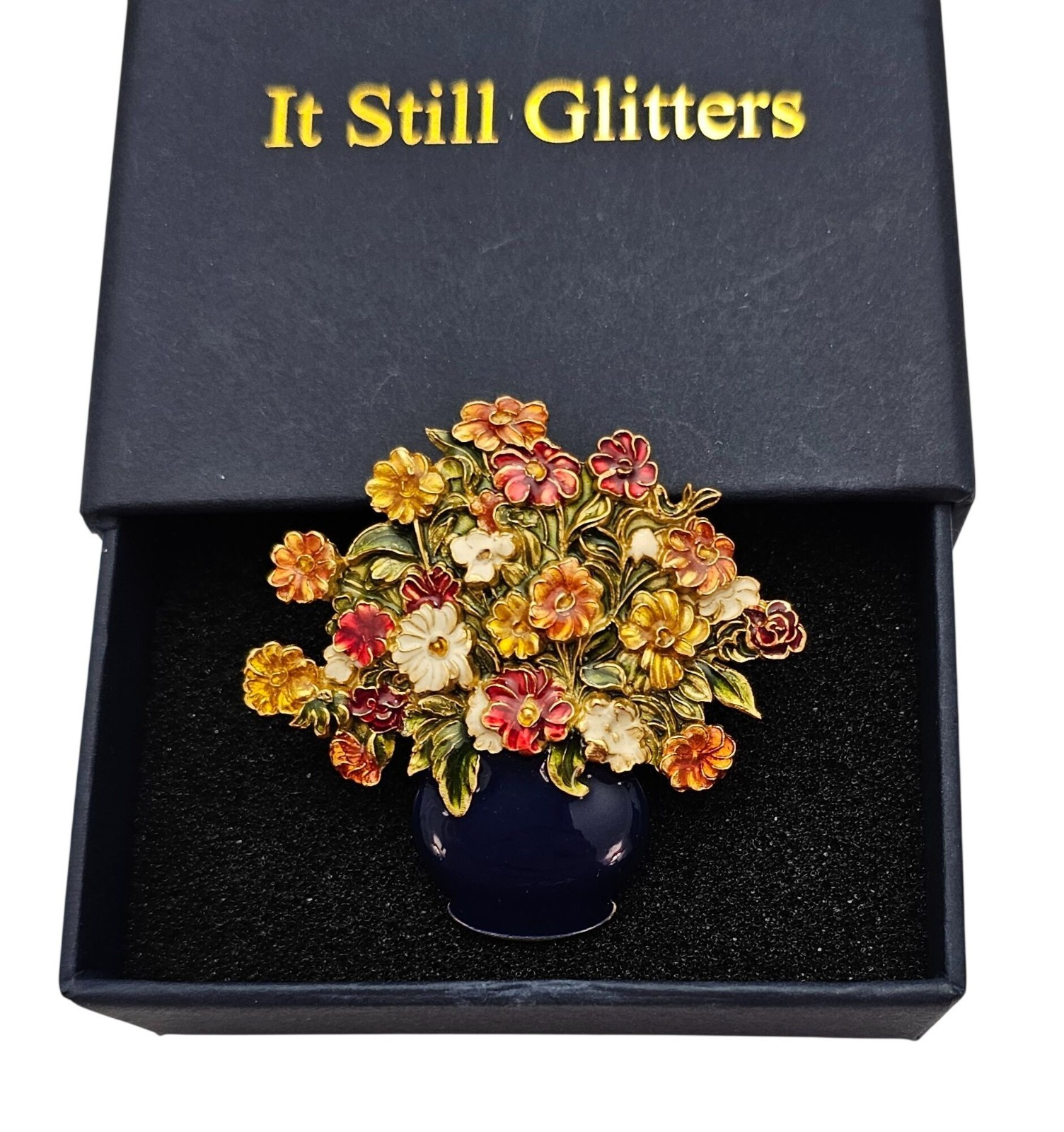 MFA Vase of Flowers Brooch, Multi-Colored Enamel Bouquet Pin Signed J790