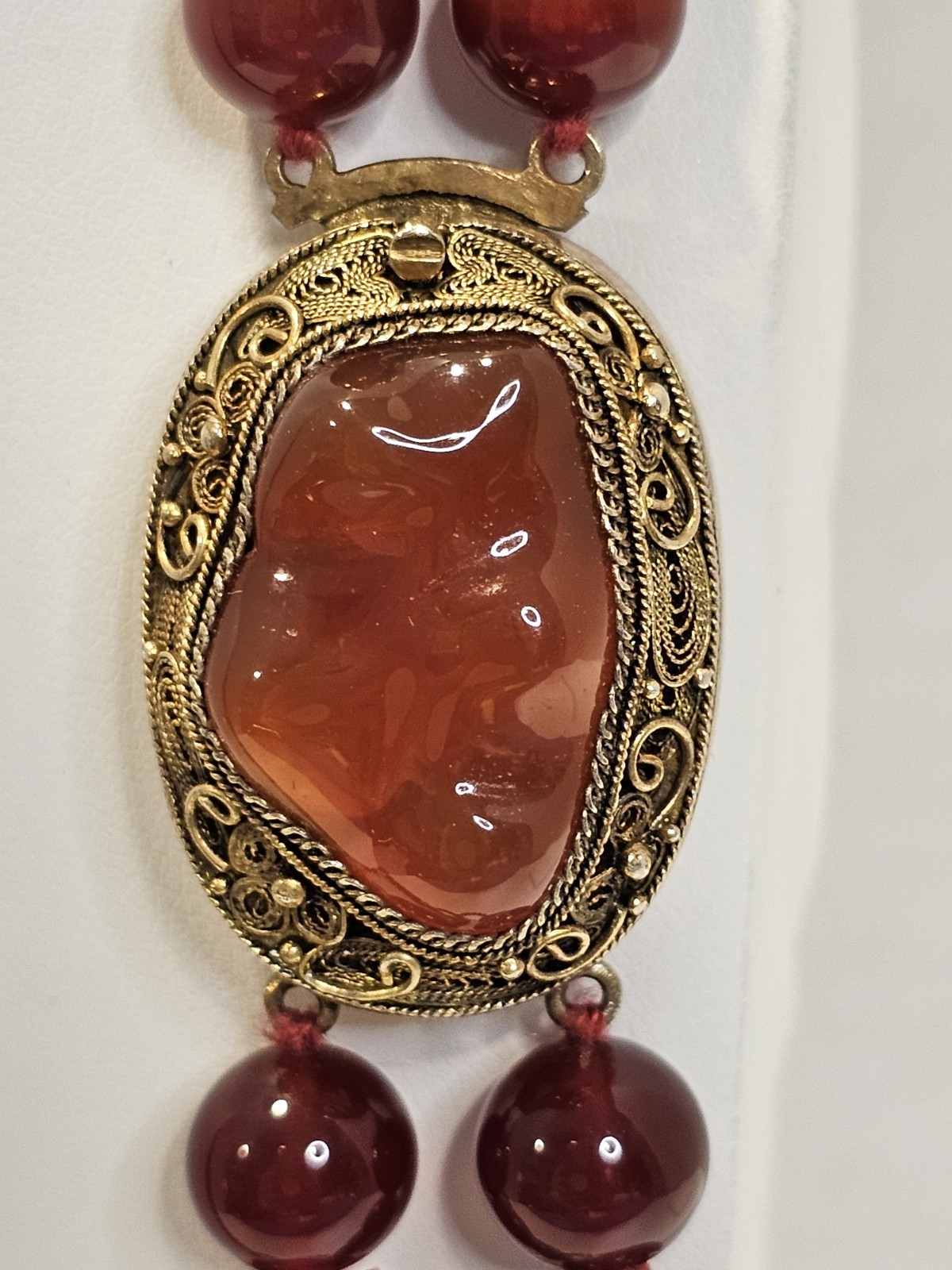 Vintage Carnelian bead necklace sterling gold wash filigree clasp