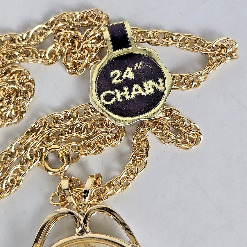 Necklace Pendant Reverse Painted Rose Floral 24″ Gold Tone Chain Fashion Jewelry