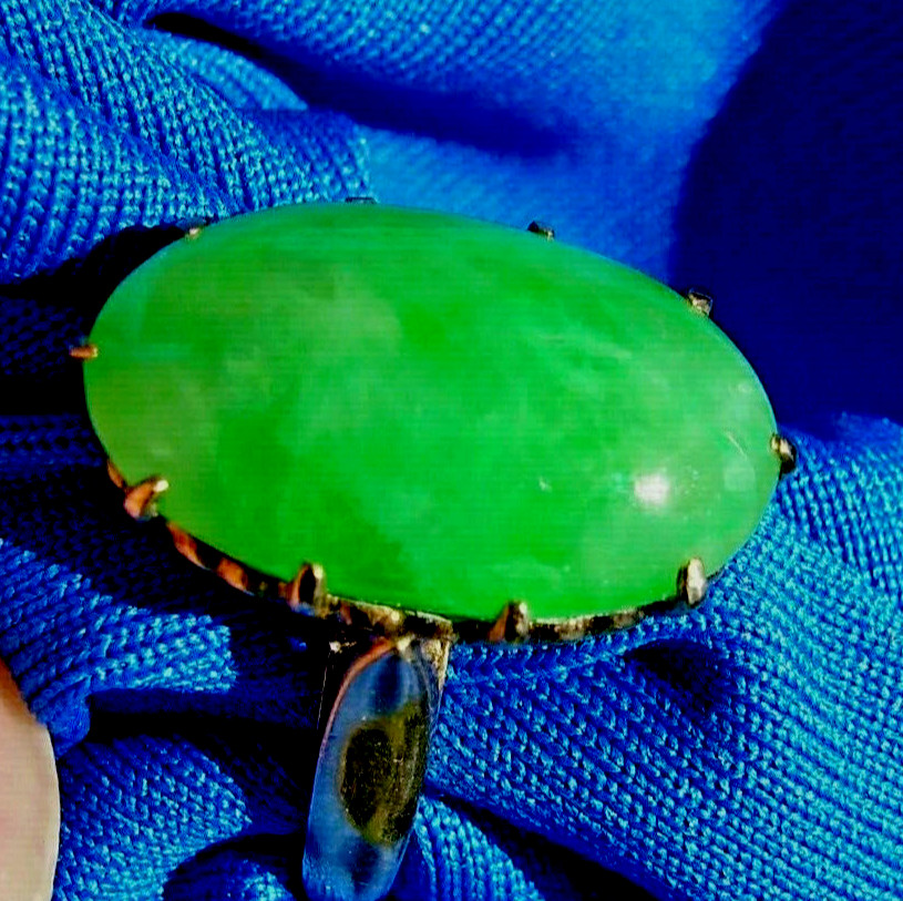Original EARTH MINED Imperial Green Jadeite JADE Deco Engagement Ring 18K GOLD