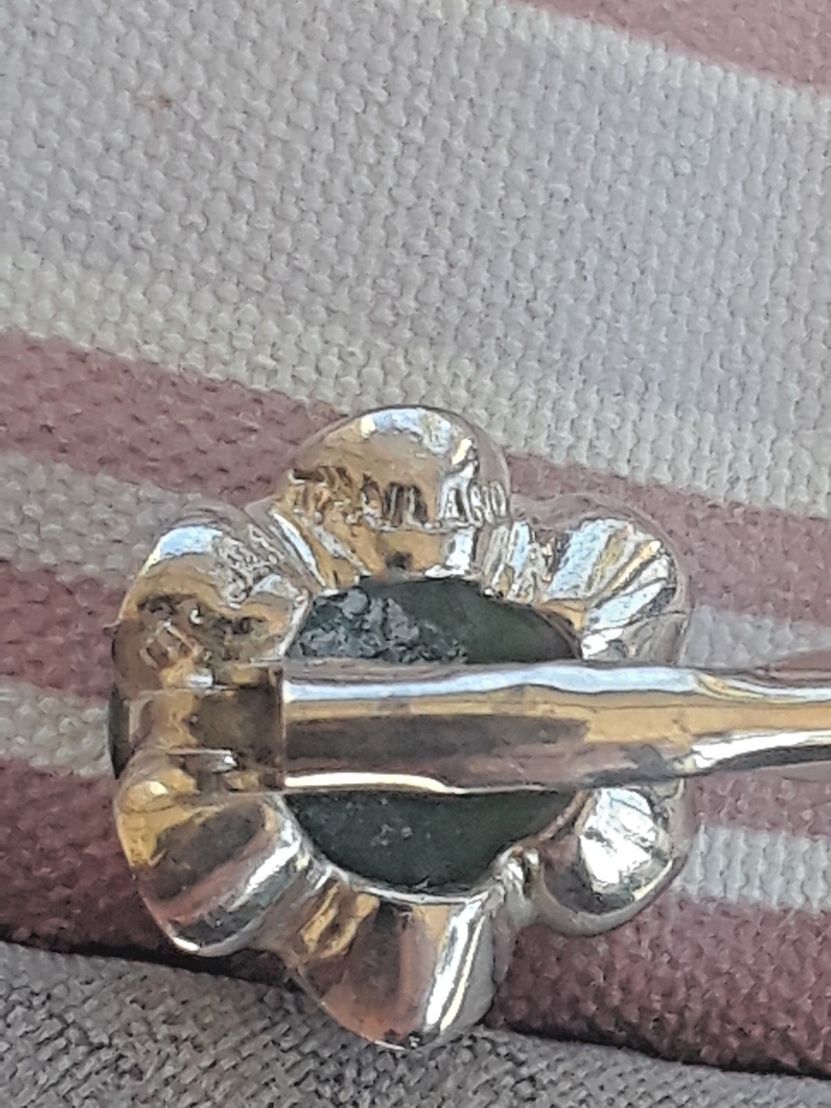 Vintage Sterling Silver Jade Cabochon Scalloped Clip Earrings, About 1″ overall