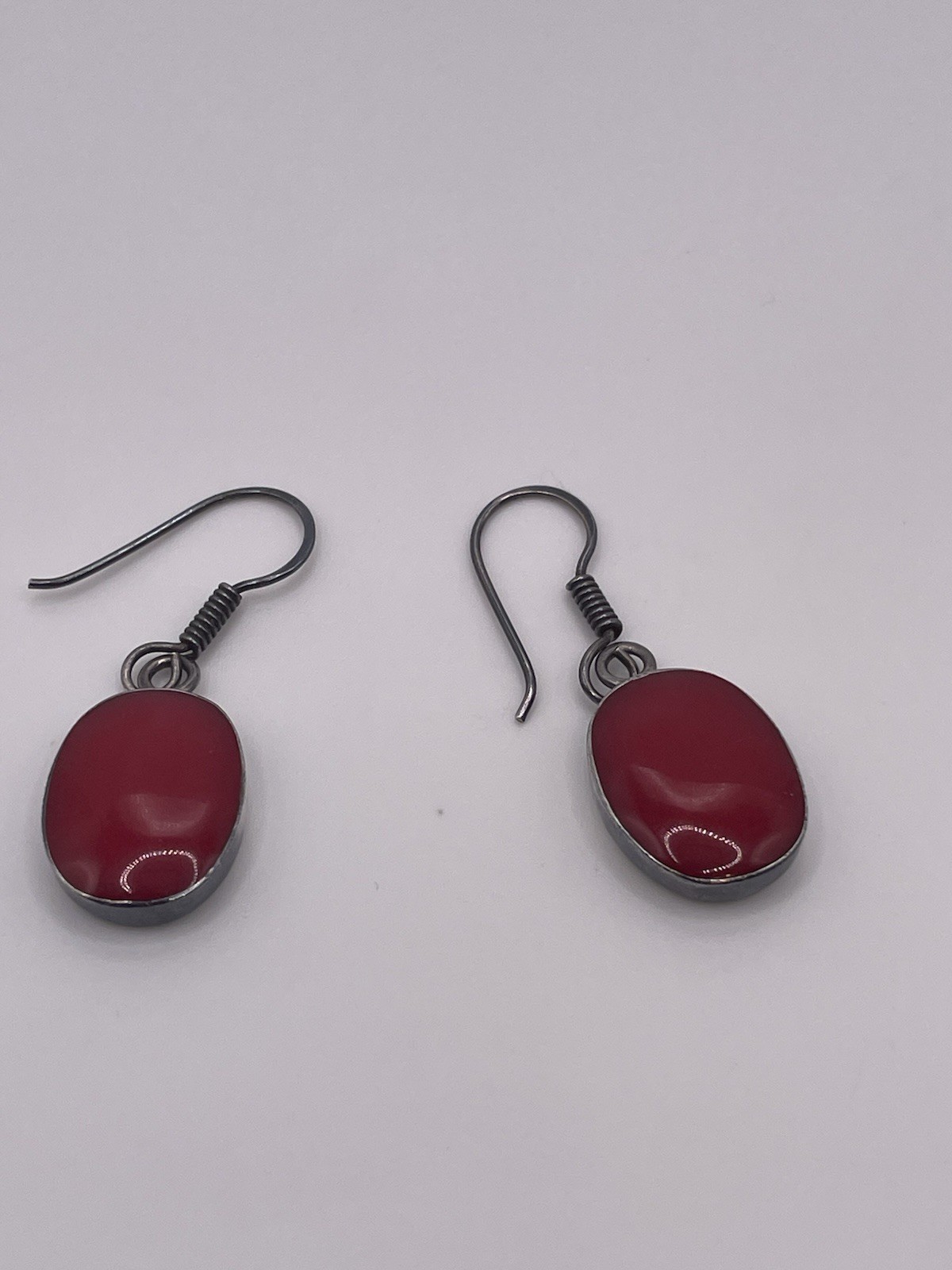 Vintage MEX 925 Sterling Silver Red Cabochon Dangle Earrings Mexico