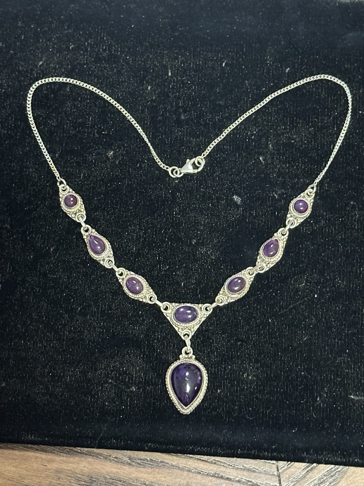 Vintage Sterling Silver Bezel Set Cabachon Amethyst Drop Necklace 16.5”long