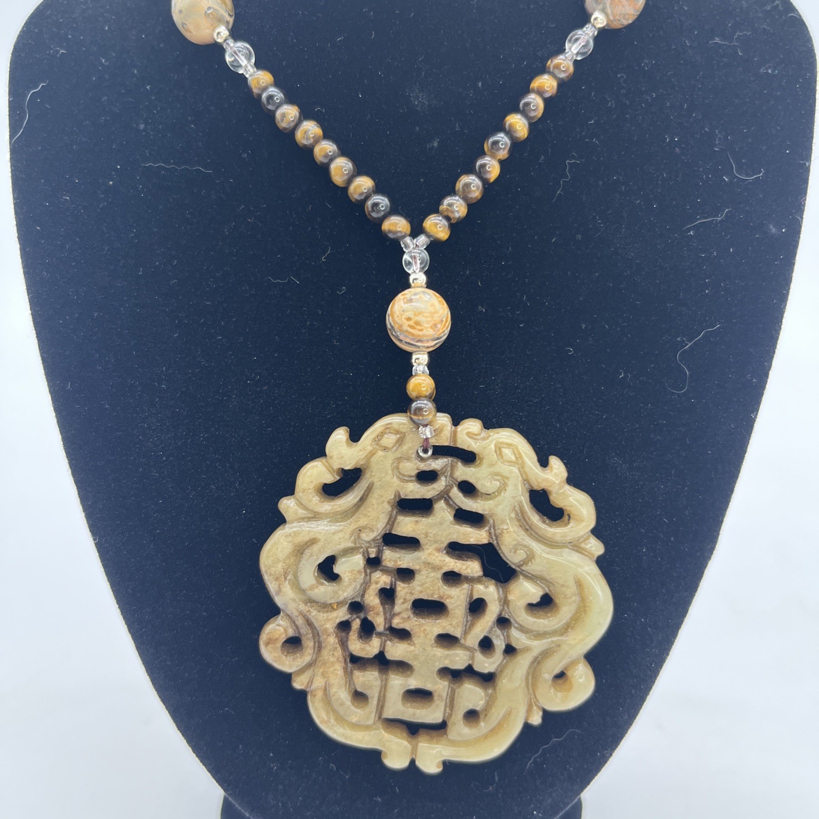Chinese Carved Stone Pendant With Cloisonné Jasper Tiger Eye Beads Necklace 30”