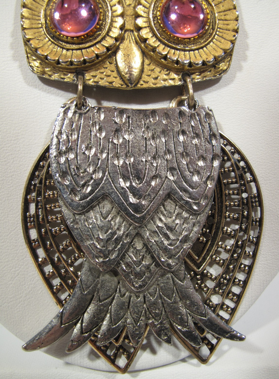 Lot of 2 VTG Owl Necklace Gold~Silver Tone~Pink~Amber Eyes~24″-30″ Chain-64-108g