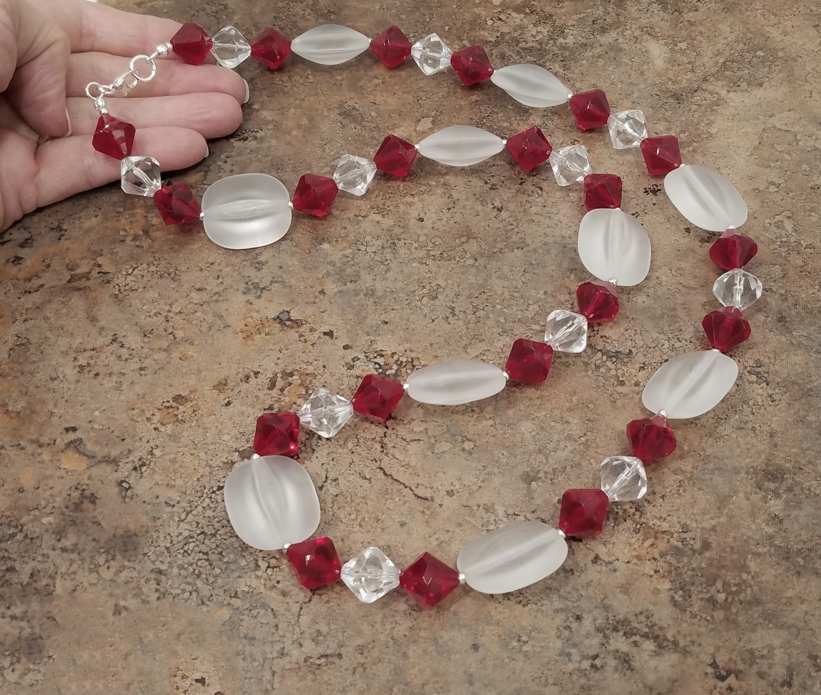 Vintage Chunky Red & Frosted Crystal Acrylic Bead Silver Tone 33″ Long Necklace