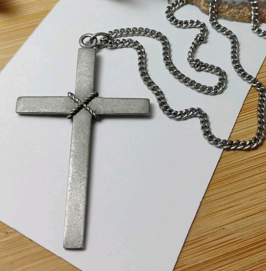 Vintage BDA Budlong Docherty Armstrong Signed Pewter Cross Pendant 25″ Necklace!