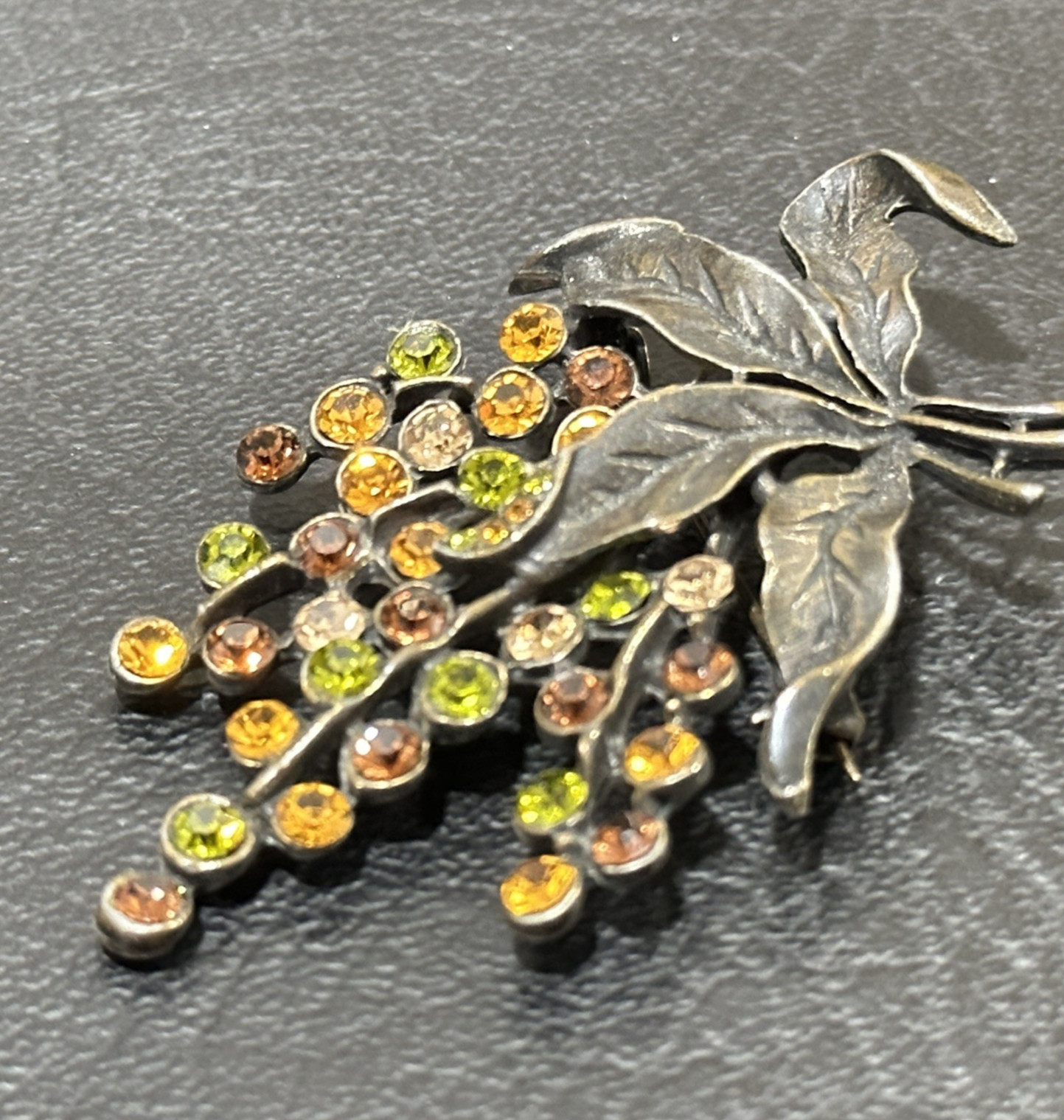Vintage Rhinestone Leaf Spray Brooch Green Gold Brown Fall Colors Sparkle Autumn