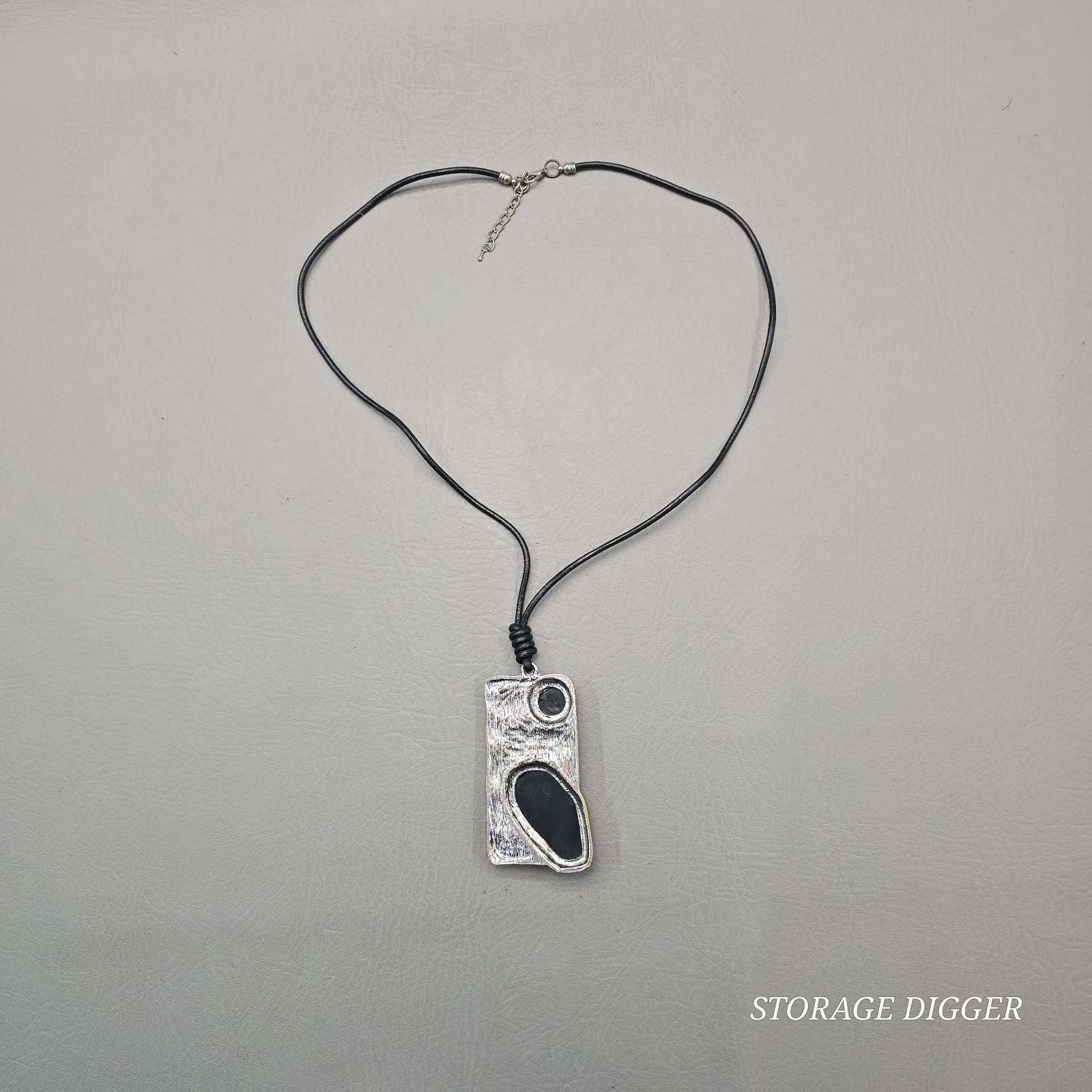 Vintage Silver Tone Metal with Black Onyx Pendant on Cord Necklace 31″ Long
