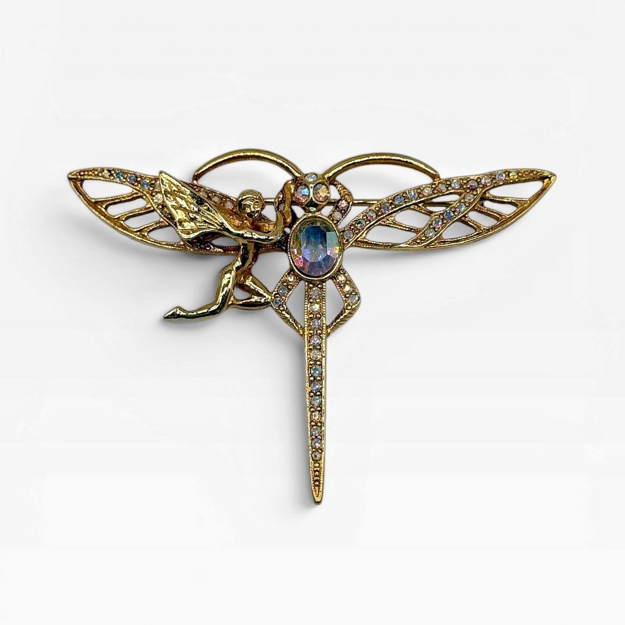Vintage Kirks Folly Angel Dragonfly Crystal Brooch w/ Box
