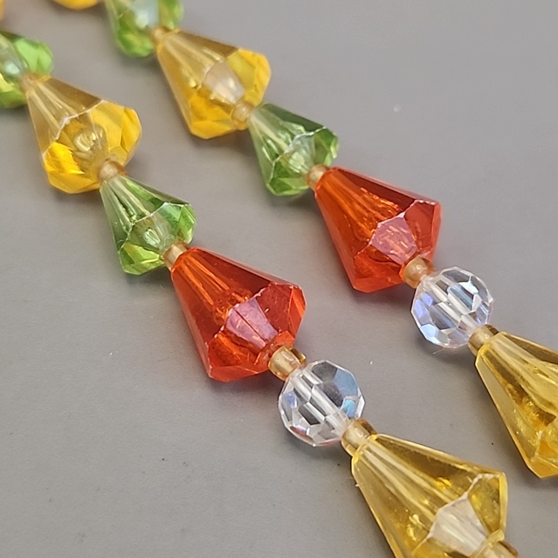 Vintage Plastic Beaded Necklace West Germany Orange Green Yellow AB Glass 20″