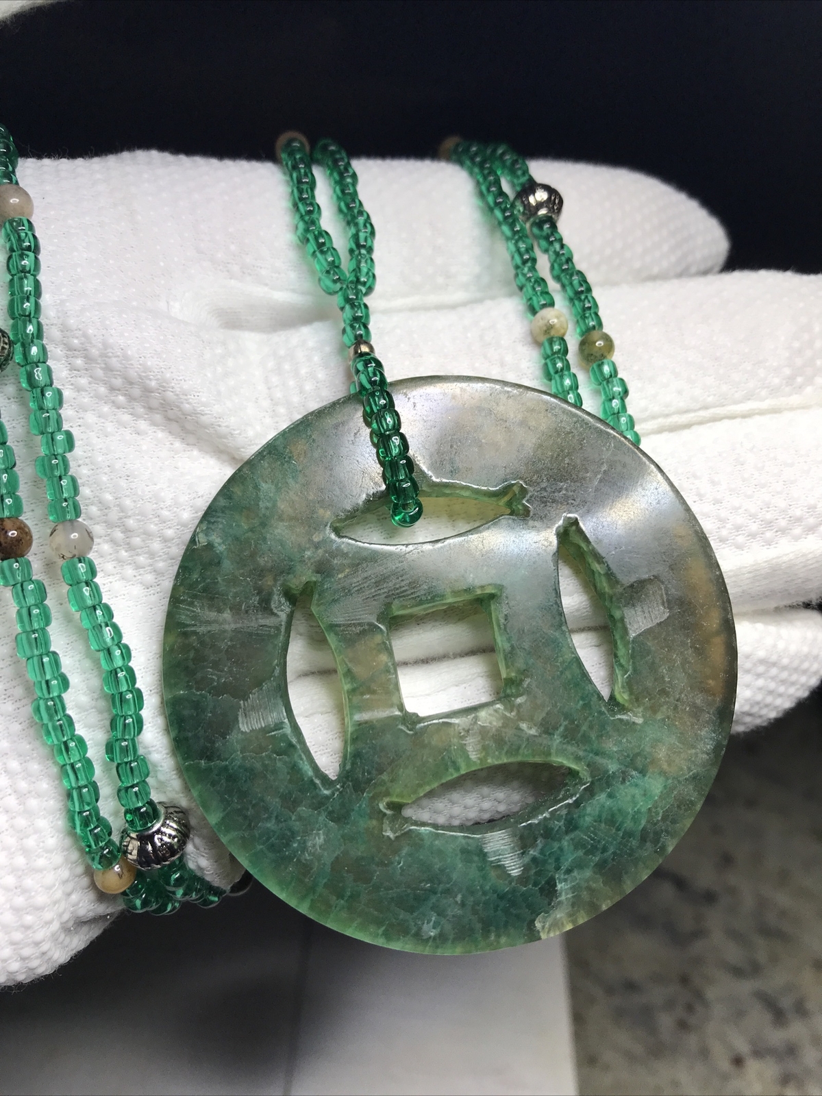 VTG Jade Pendant Natural Gem Hand Carved Necklace 2.25” Disk Green Seed Bead