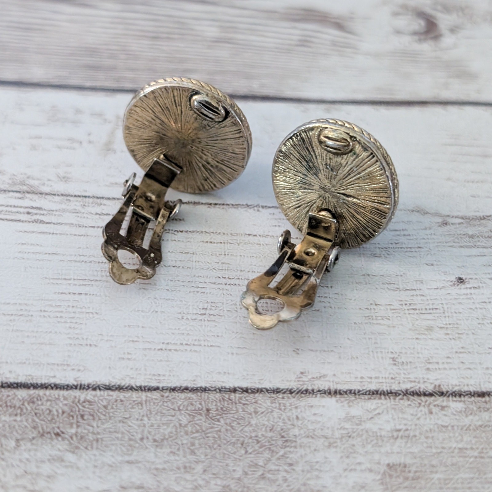 Vintage Clip On Earrings Domed Metallic Brown with Gold Tone Halo