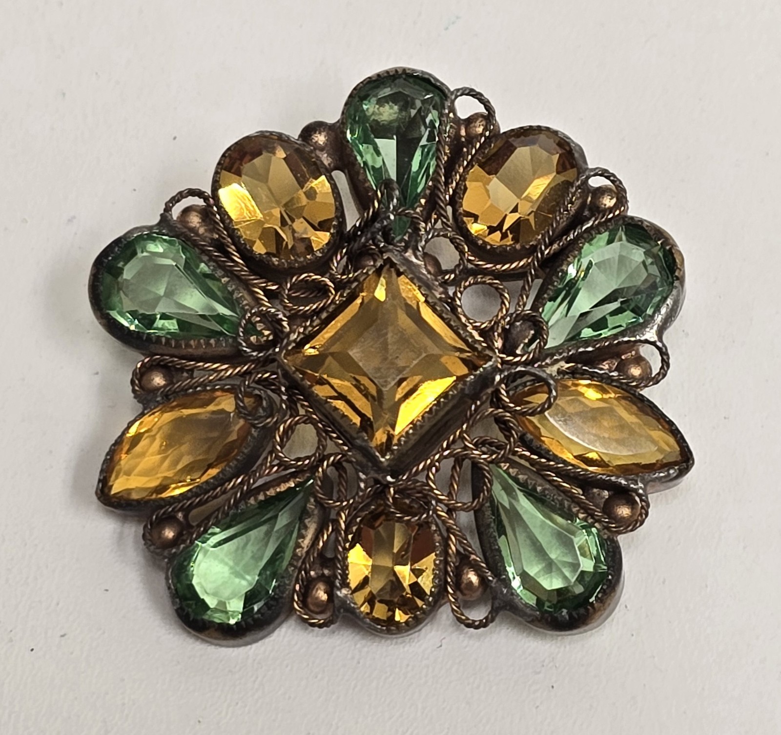 Vintage Fashioncraft Robert Brass Filigree Bezel Green Yellow Rhinestone Brooch