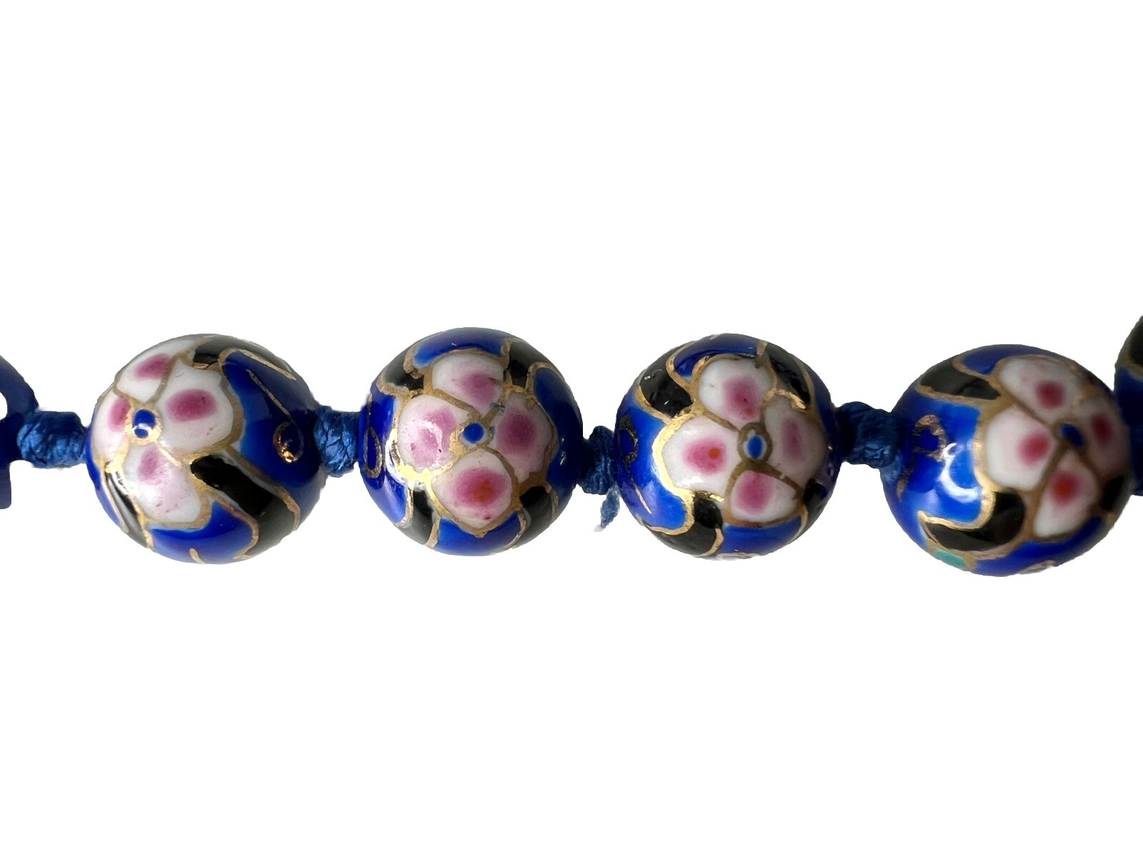 CLOISONNÉ Enamel Bead Necklace Blue Cherry Blossom Gold VTG Hand Knot 12mm 25”L