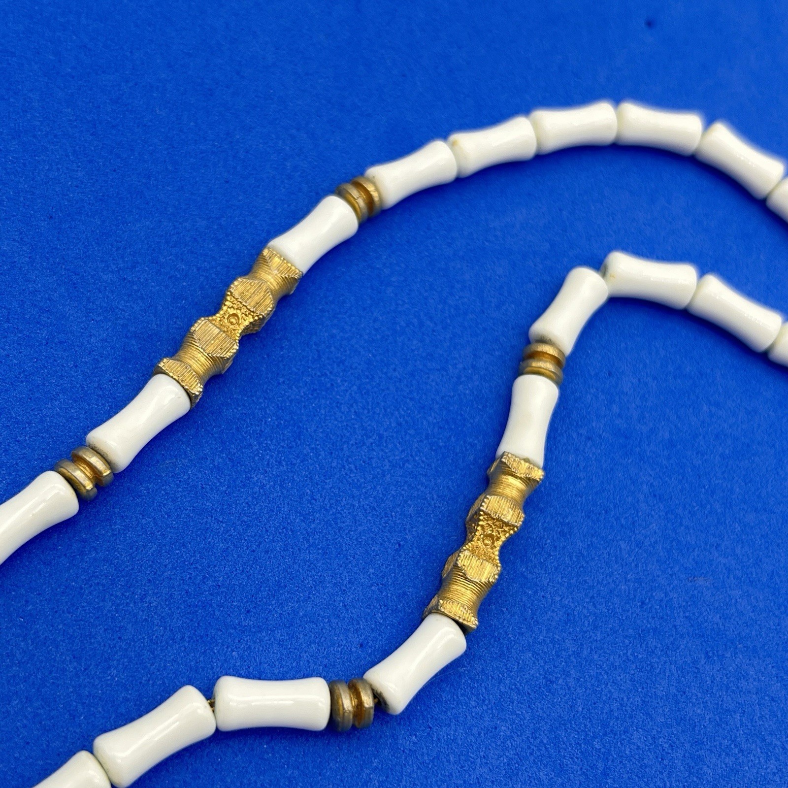Vintage White Egyptian Revival Necklace Bamboo Beads 15″
