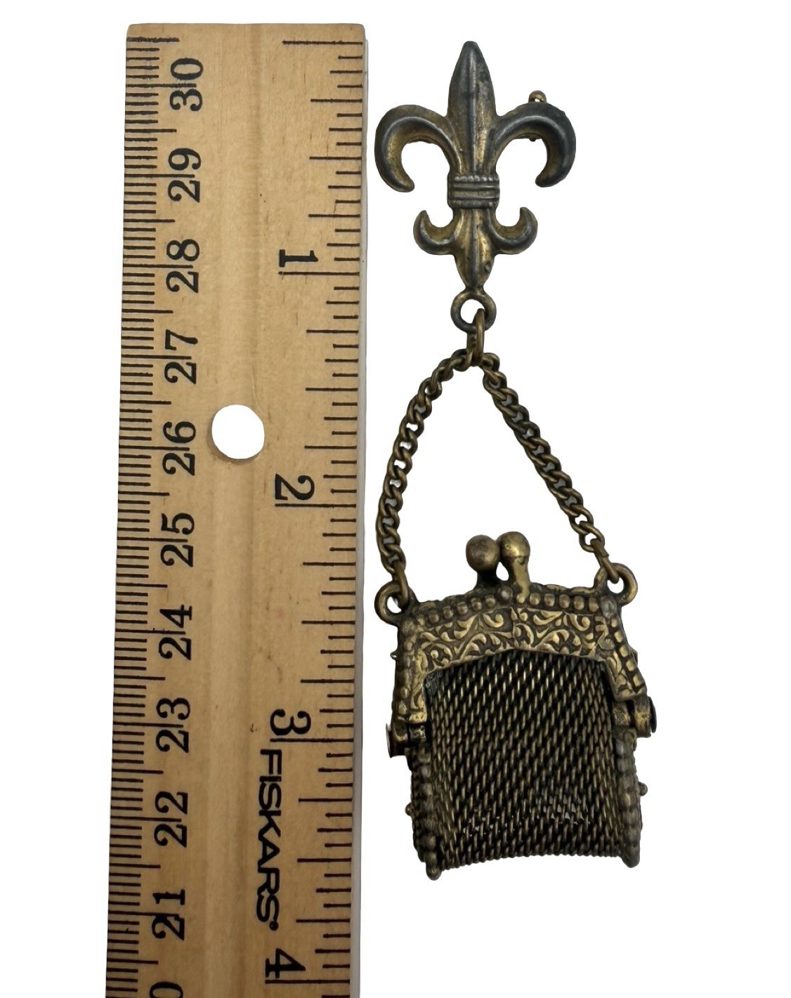 Vintage Fleur de Lis Mesh Coin Purse Brooch Chatelaine Pin Ornate Brass Tone