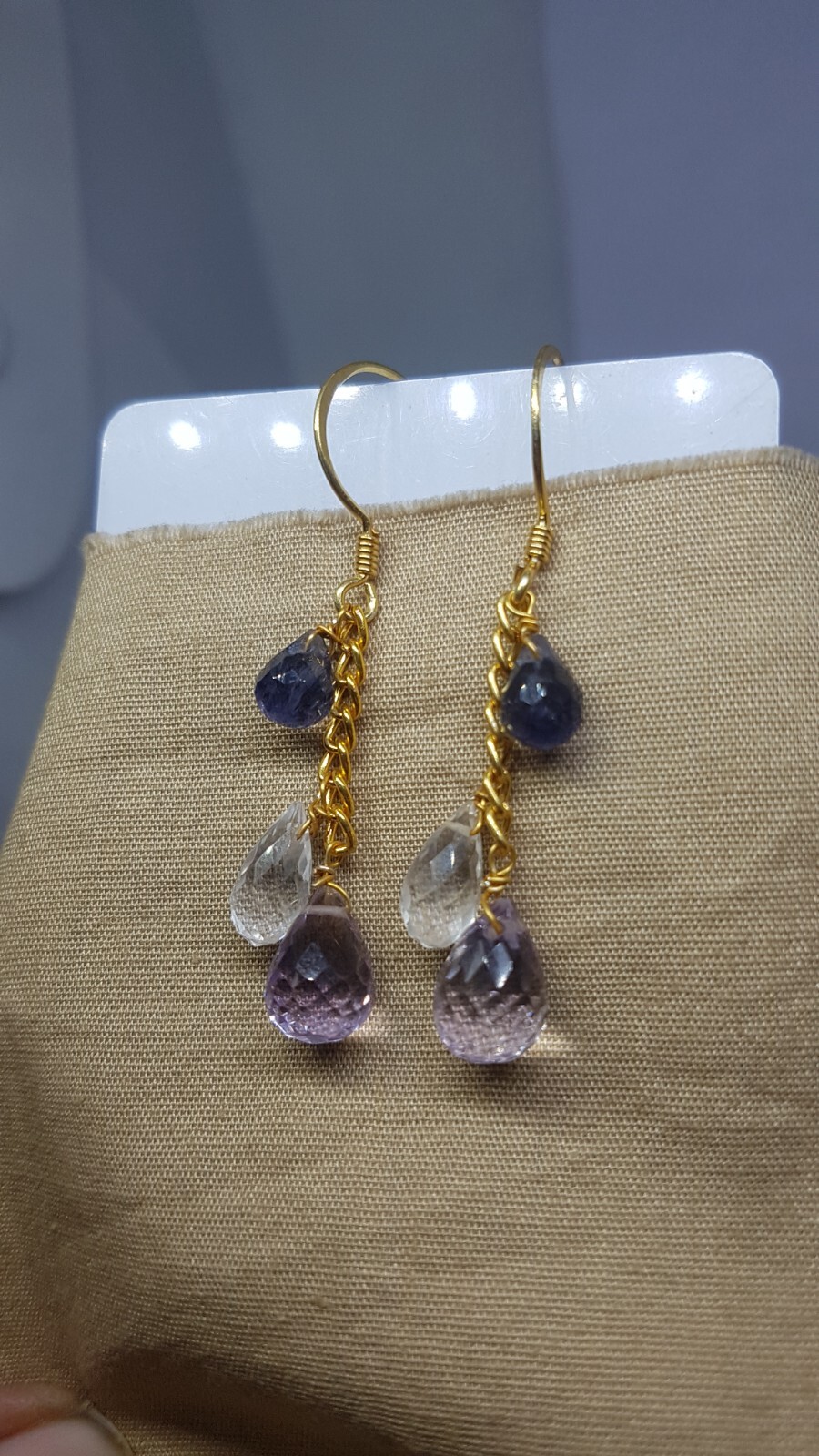 Iolite pink amethyst Clear quartz gemstone 925 sterling silver earrings jewelry