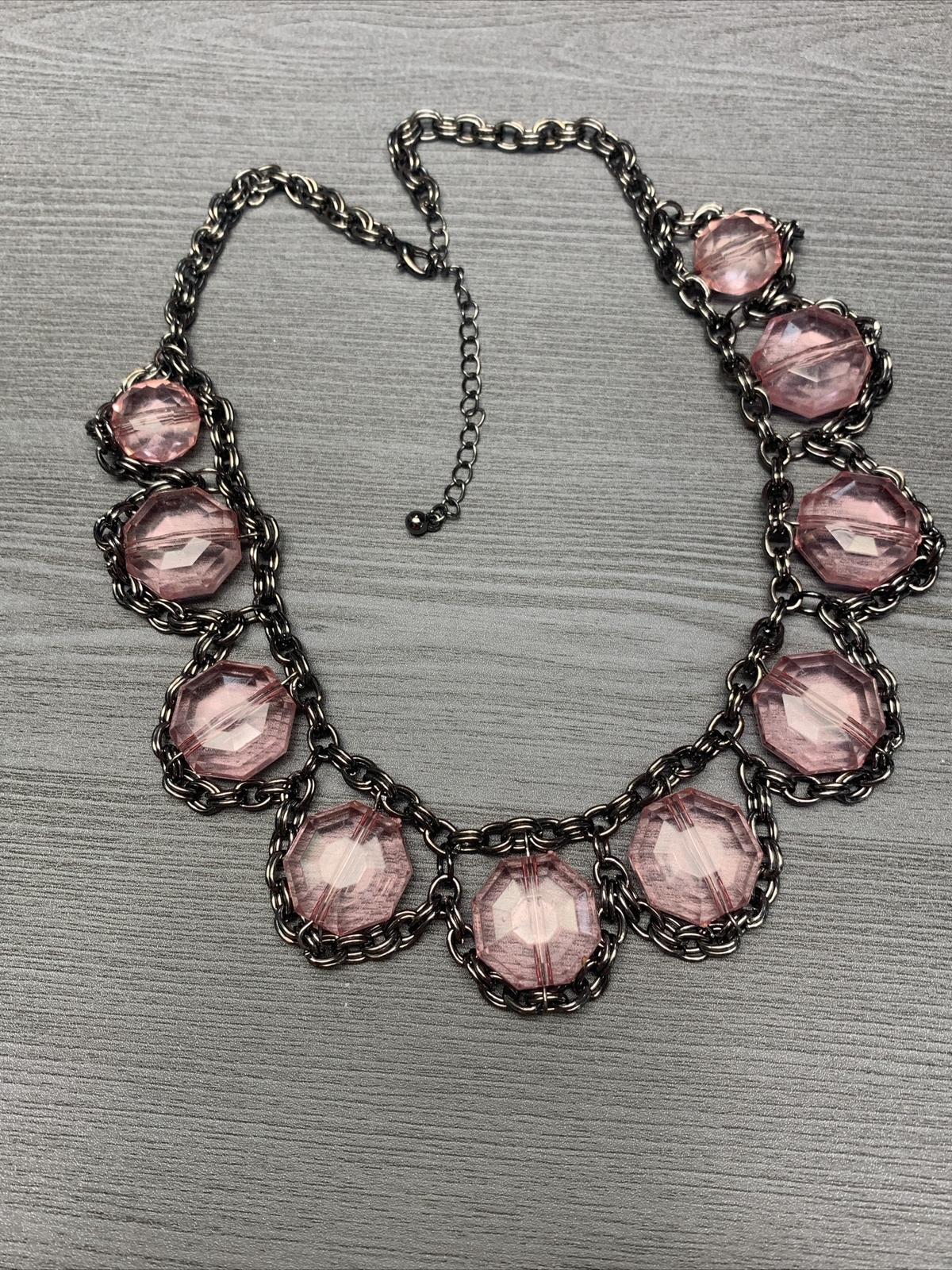 Vintage Beaded Necklace 18” Boho Pink, Gunmetal, Gray, Bib Statement