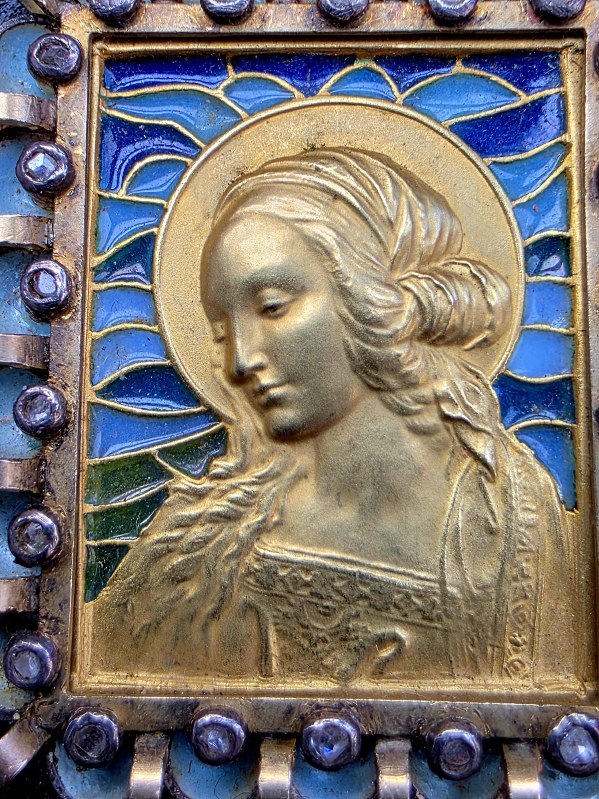 Fine Antique Art Deco 18K Gold Plique a Jour Virgin Mary Pendant Brooch C 1930