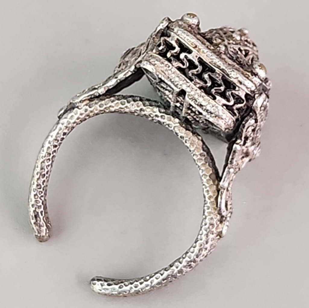 Filigree Statement Cuff Ring Brass Silver Tone Rectangle Heavy 7.5