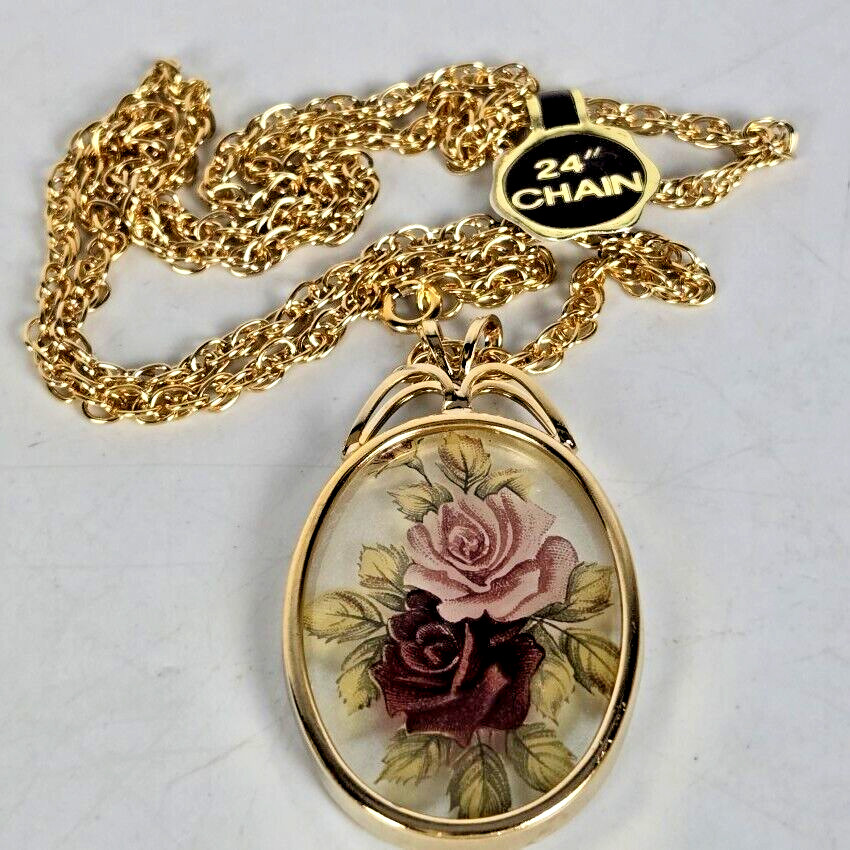 Necklace Pendant Reverse Painted Rose Floral 24″ Gold Tone Chain Fashion Jewelry