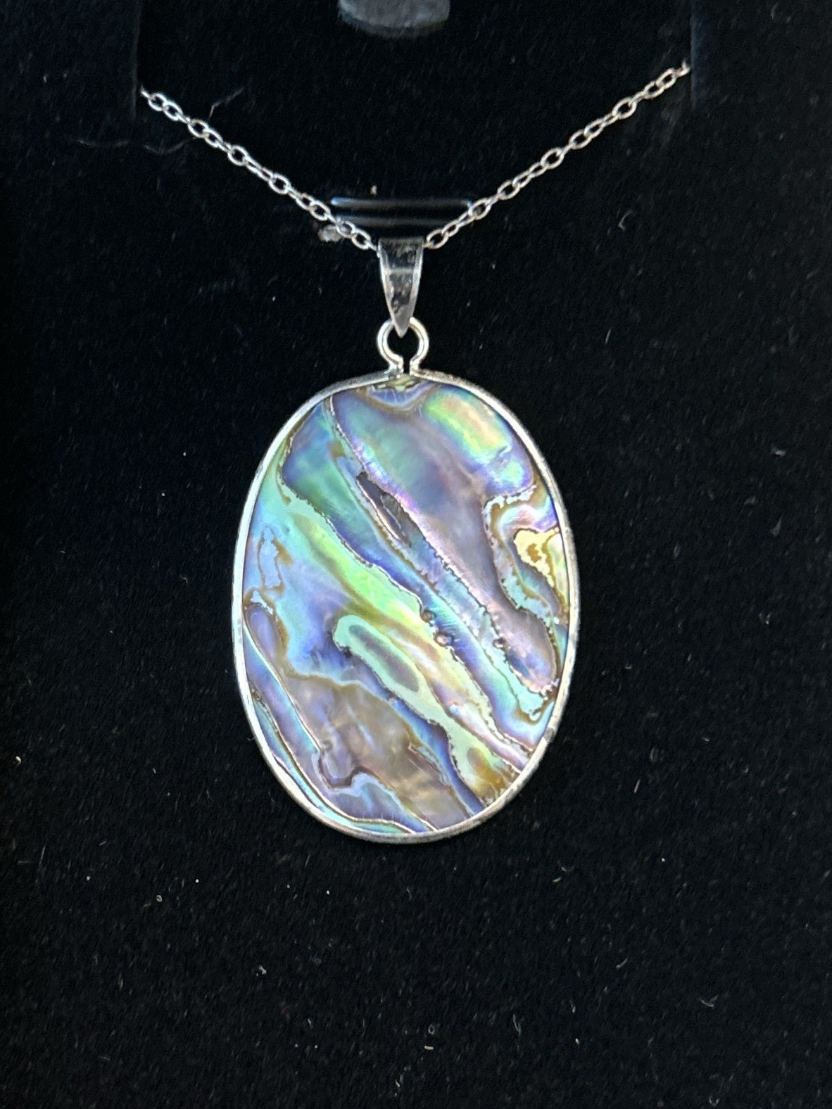 Vintage Sterling Silver Abalone Shell Pendant Necklace 18” Oval Iridescent