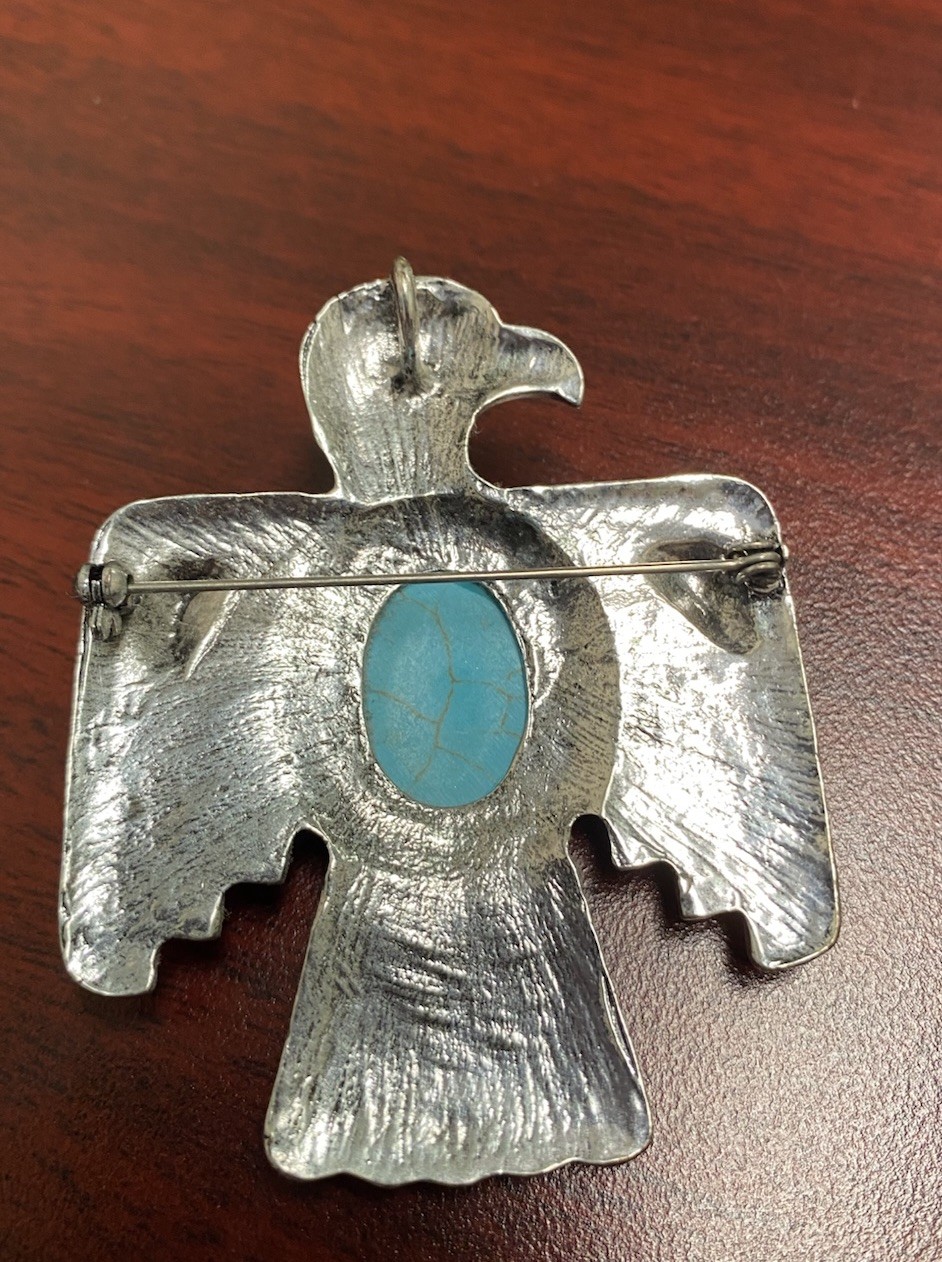 Silver Tone Southwest Style Thunderbird Pendant/Brooch Earrings Faux Turquoise