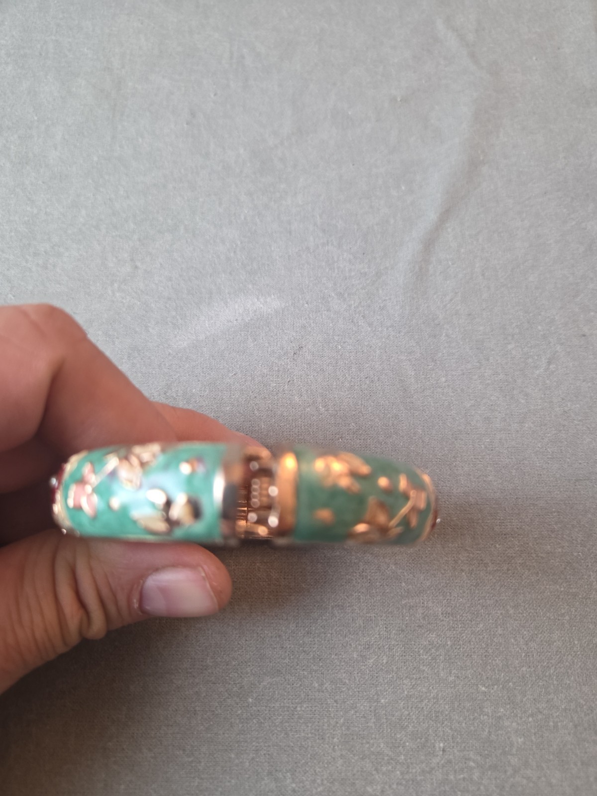 Signed UJOY Cloisonné Hinged Bracelet With Open Work Design Teal & Floral