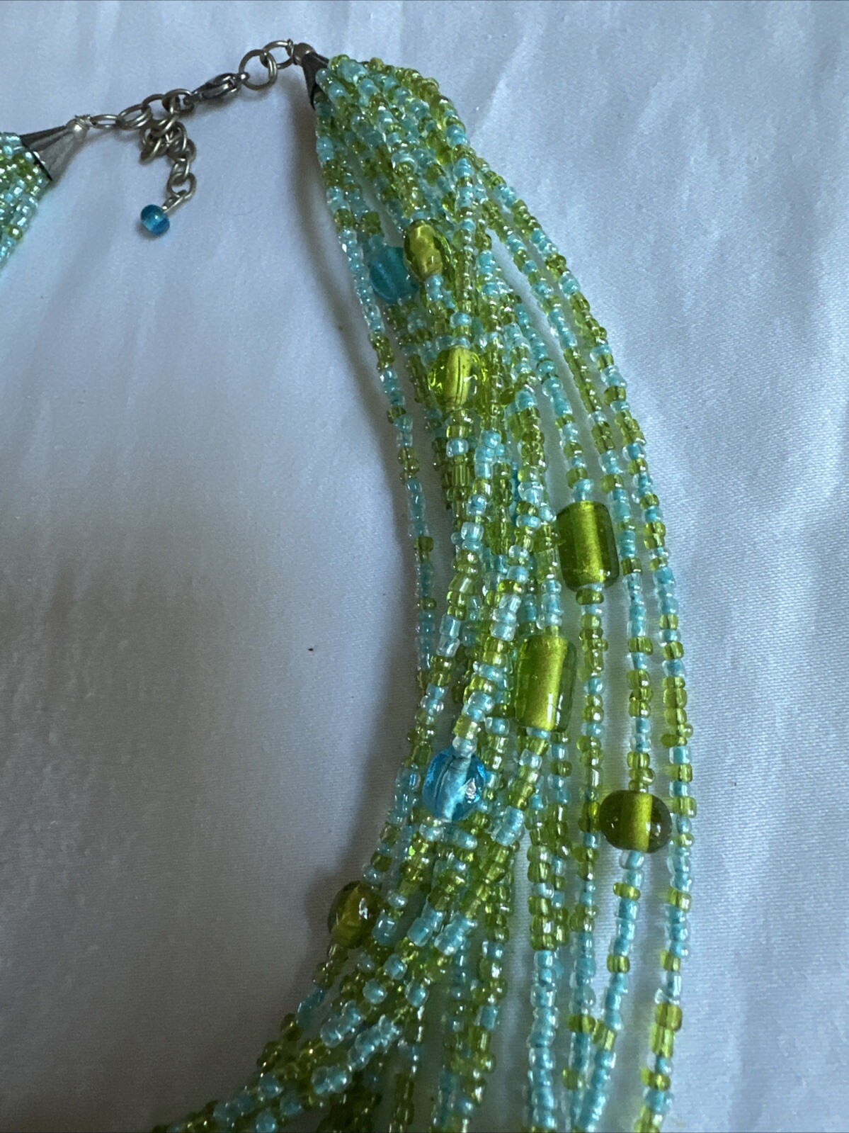 Vintage Seed Bead Multi Strand Wrap Statement Necklace Green, Blue, 22