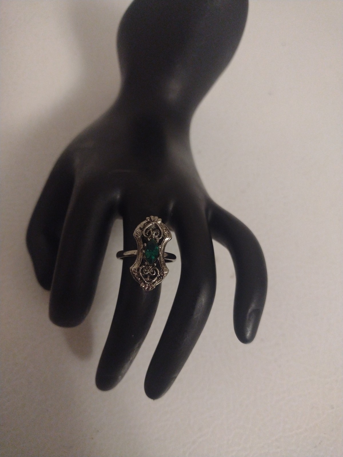 Vtg Vogue Art Deco Silver Tone Emerald Green Marquise Rhinestone Ring 6.5 & Adj