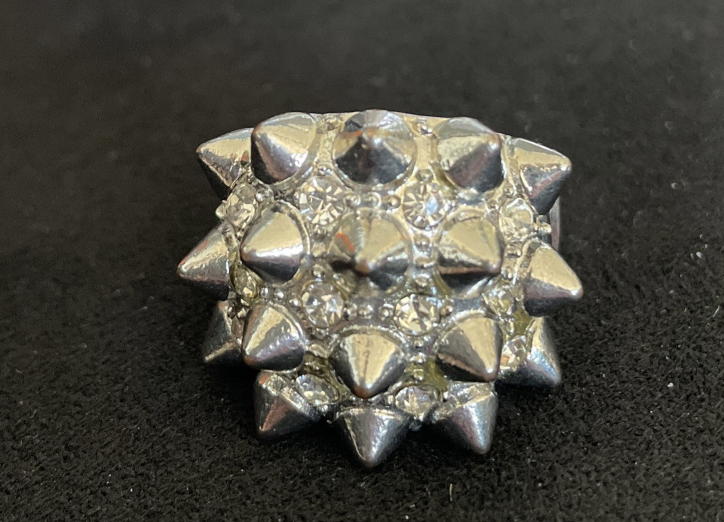 Silver Spiky Domed Ring Stretch Band Clear Stones Sz 12
