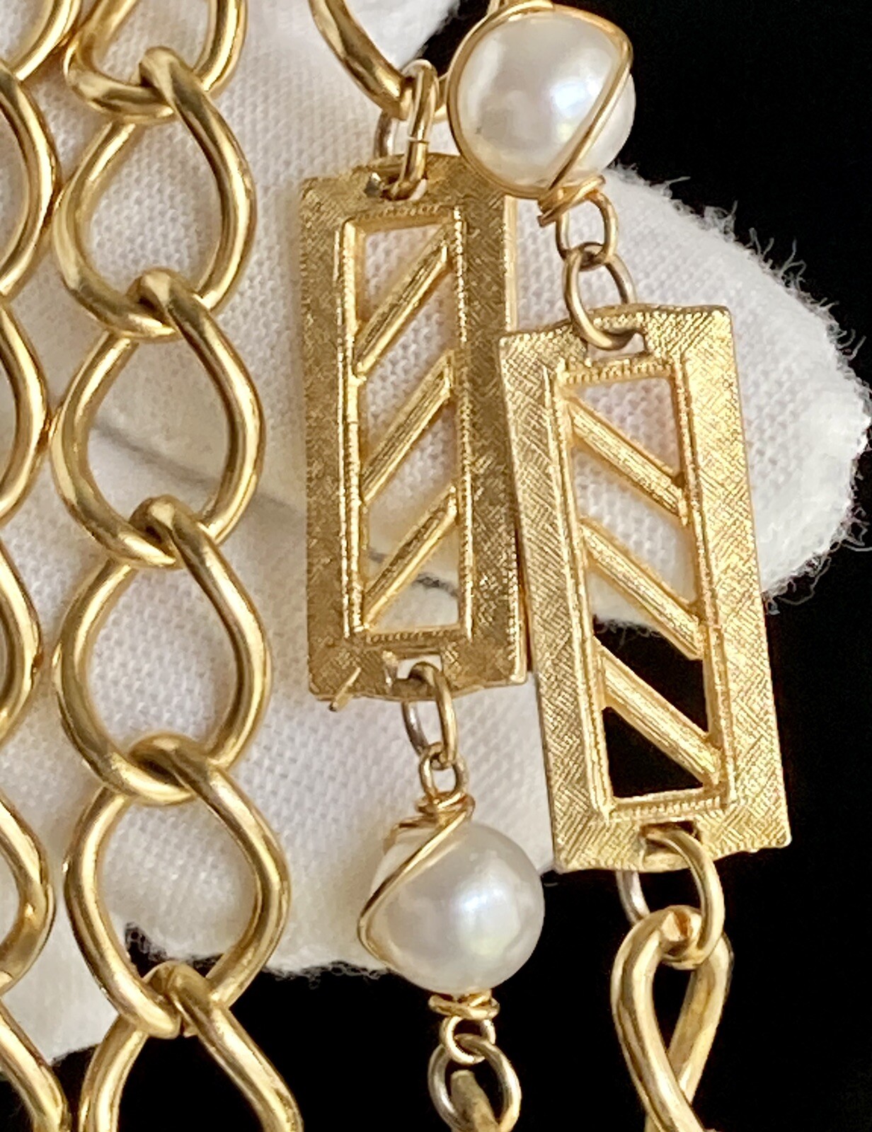 Vintage Gold Tone Bar Faux Pearl Station Oval Link Chain 52 inch Necklace 89.13g