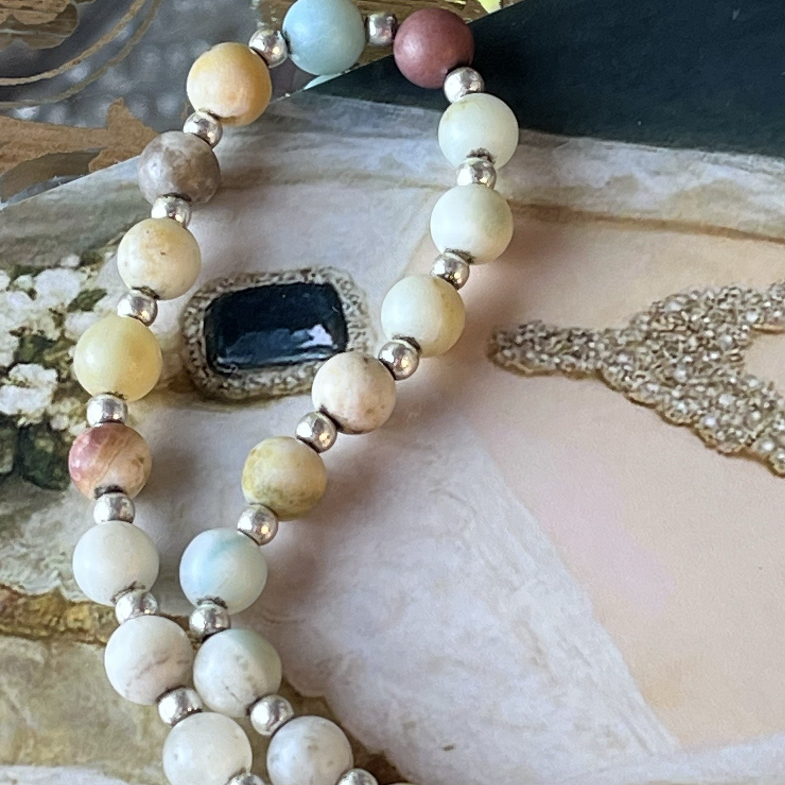 34” Multicolor Jadeite Tested Bead Necklace – Natural Stone -Silver Tone Spacers