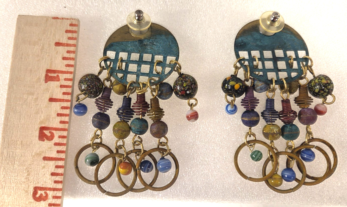 Vintage Boho Rustic Dangle Drop Post Earrings Mixed Metal Geometric Design