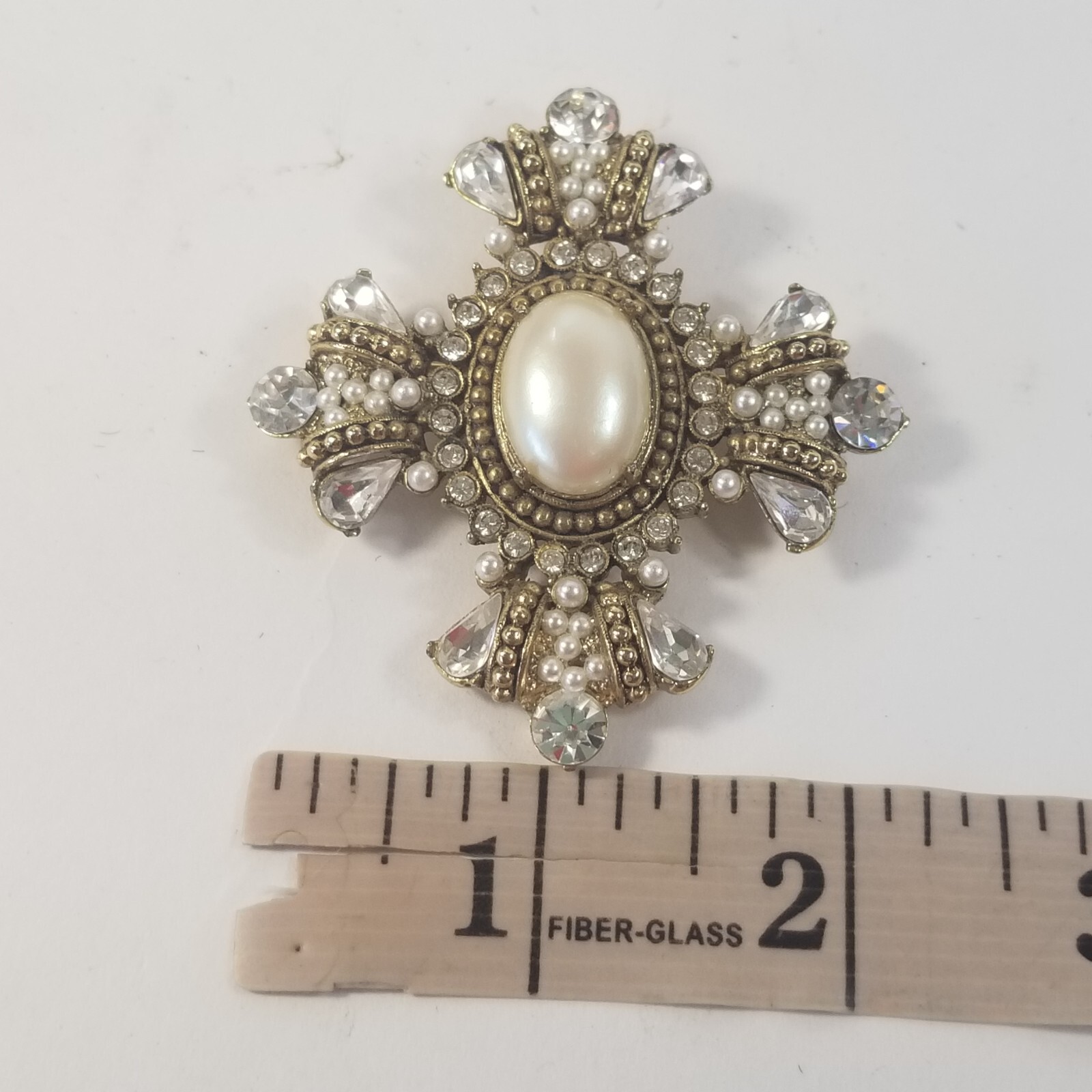 Maltese Cross Brooch Rhinestones Faux Pearls Gold-Tone VTG Designed By Paula