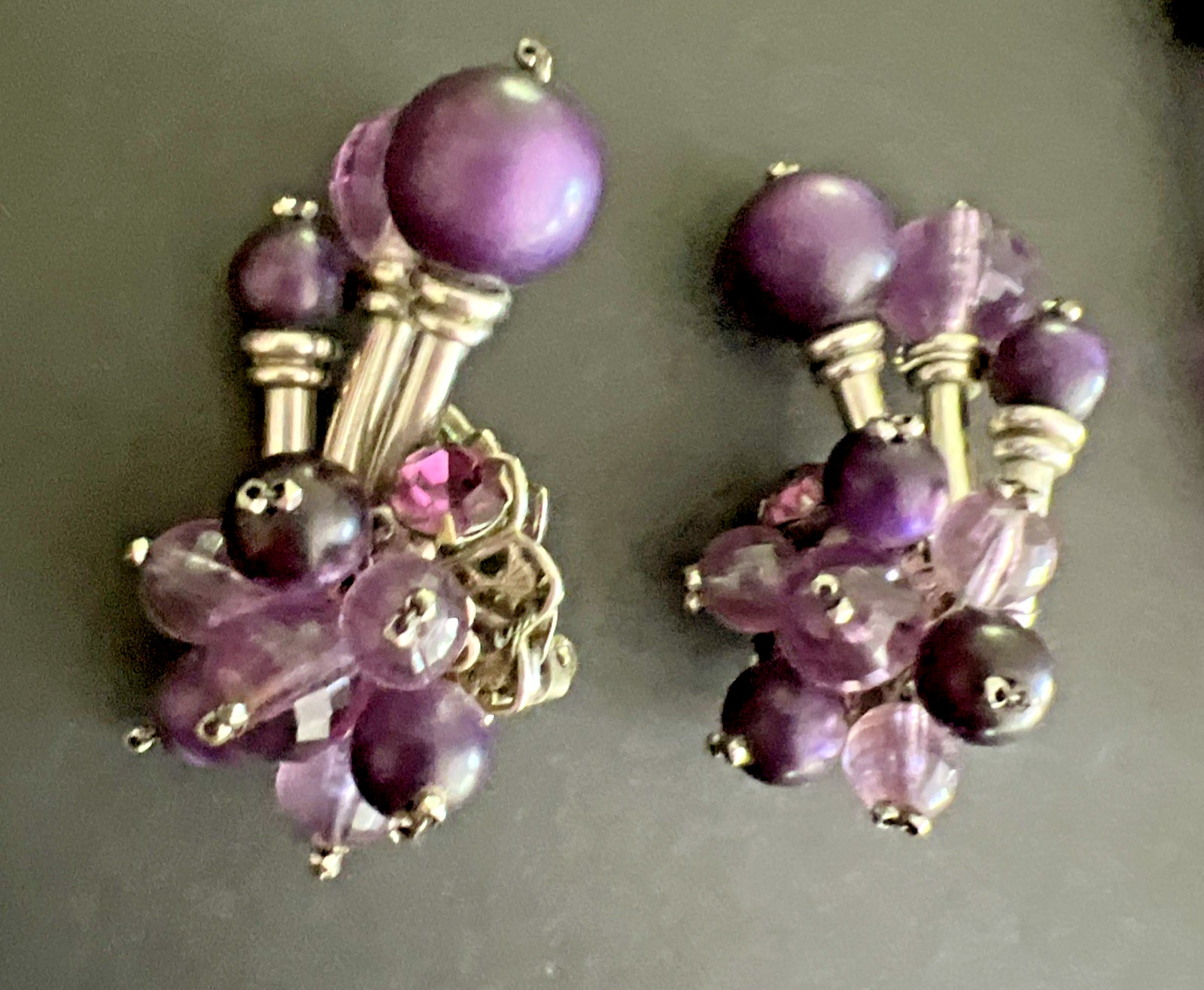 Vintage SIGNED DEMARIO AMETHYST & SILVER BEAD NECKLACE & EARRING SET / 6 STRAND