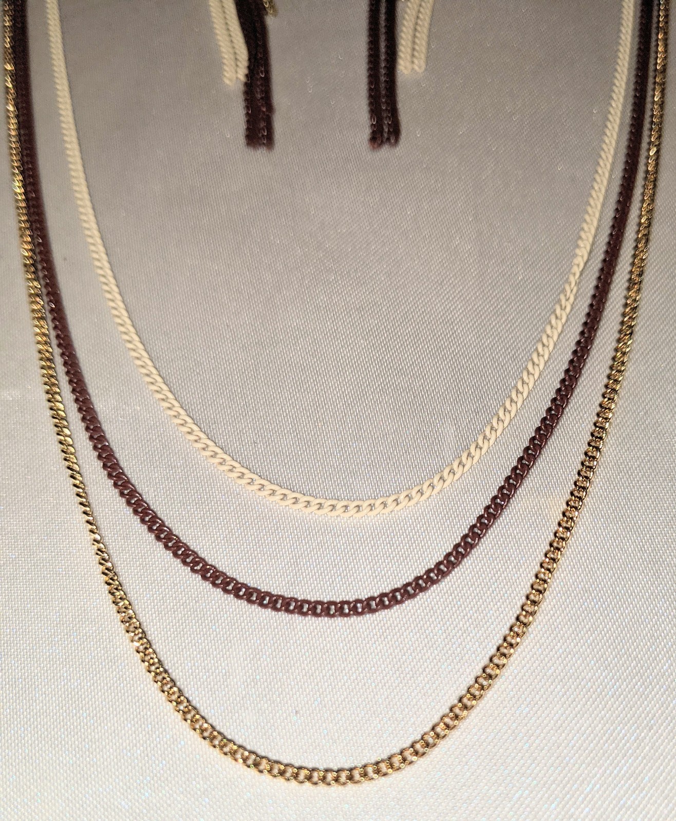 Vintage Tri-tone Chain Necklace & Dangle Earrings Set NOS Brown Ivory Gold Tone