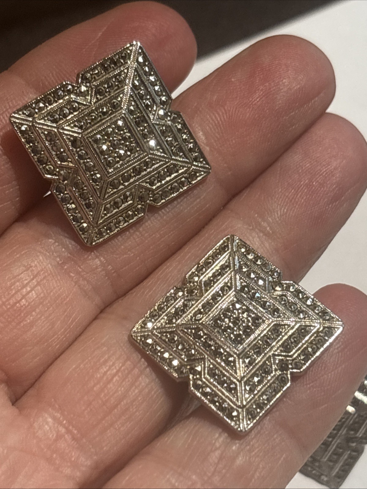 Vintage Art Deco Sterling Marcasite Bracelet & Ring & Earrings Set 64 Grams