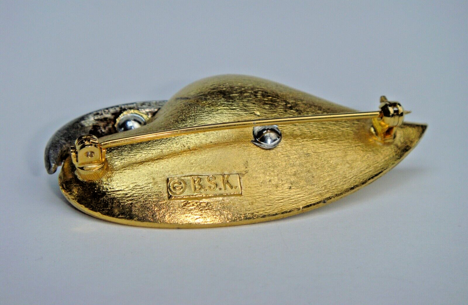 Leaf Pin-Brooch Brushed Yellow Gold-Tone with Crystal Rhinestones Signed B.S.K.