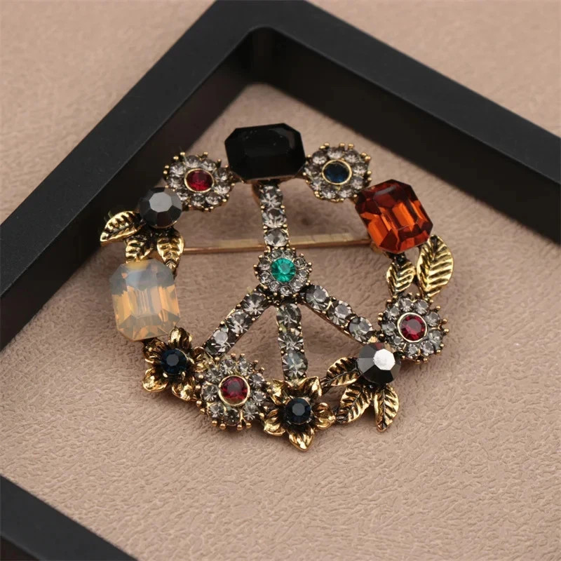 Vintage Style Luxury Alloy Brooch Pin Rhinestone Peace Sign Artificial Stone-USA