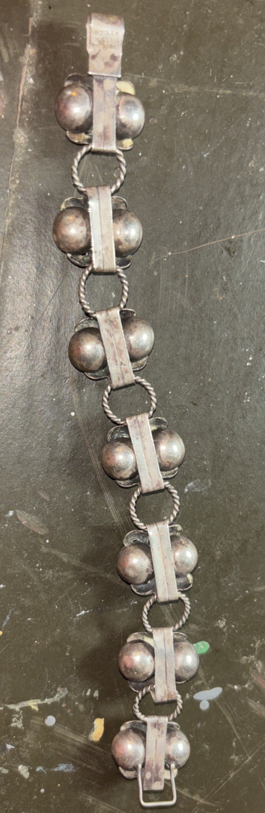1940’s Design Mexico Taxco 980 Silver Pearl Link Bracelet Floral 20 Grams 7.5”