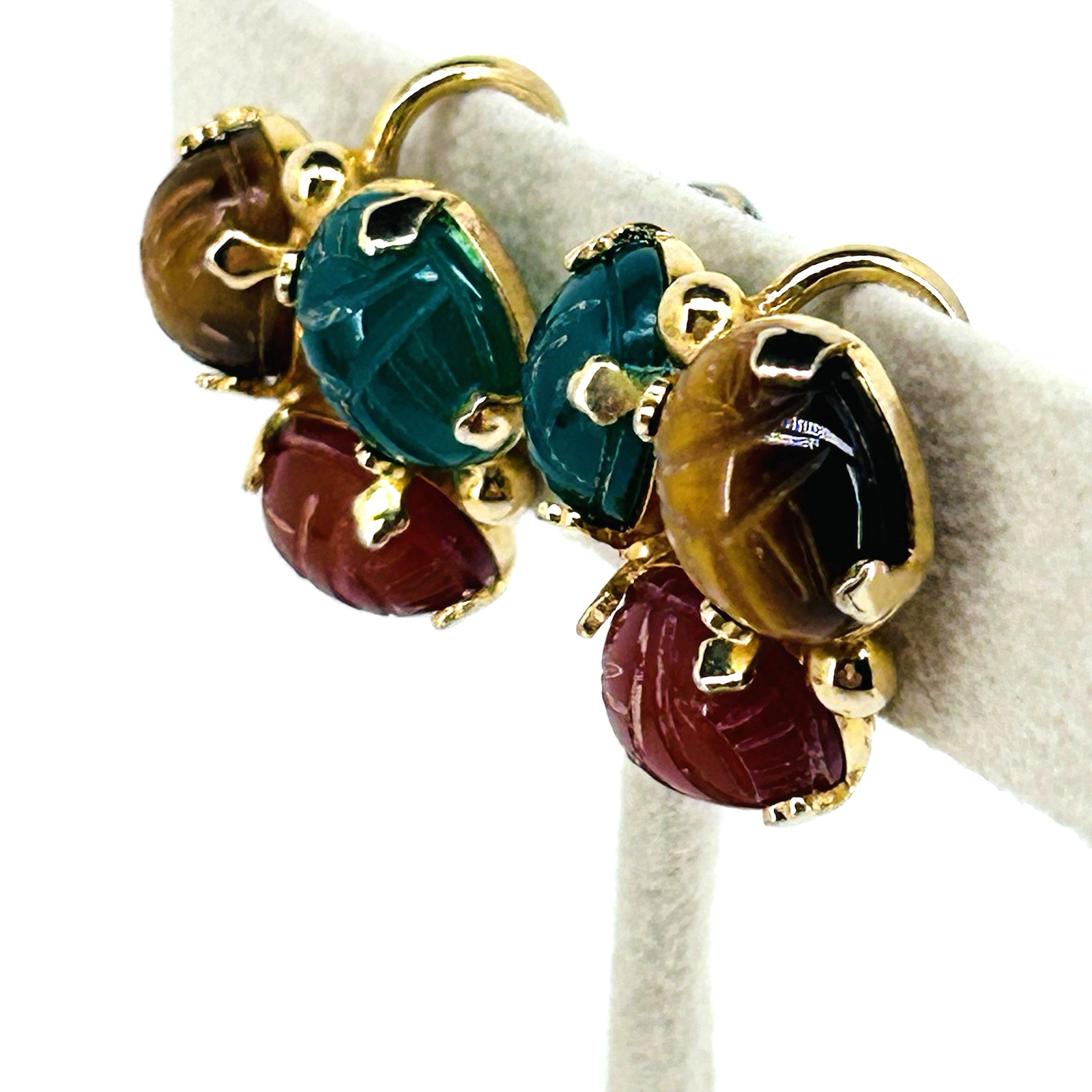 12K Gold Filled VTG Burt Casell Screw Back Earrings Jade Carnelian Tiger’s Eye