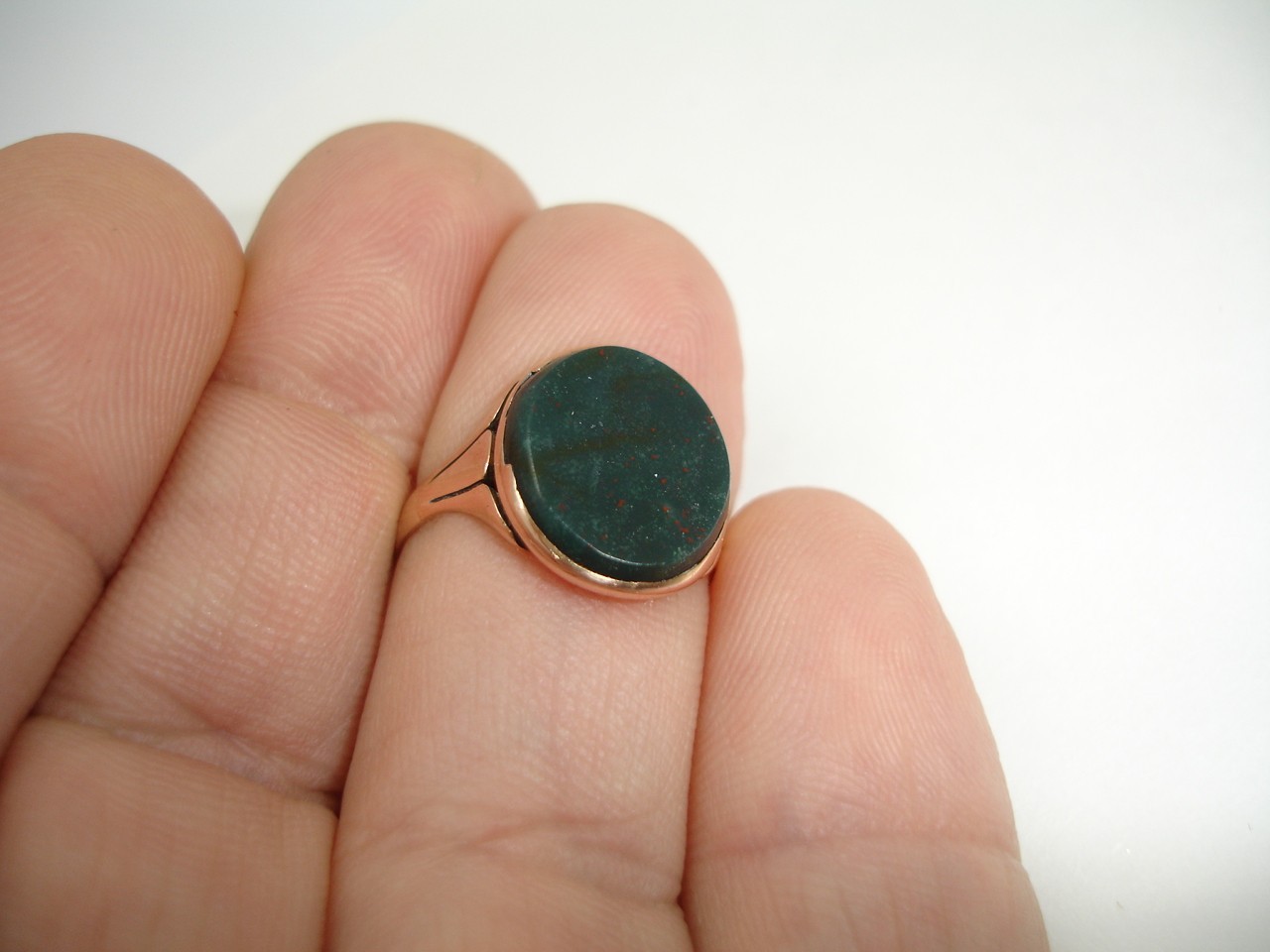 Antique Art Deco 9K Gold Bloodstone RING geometric signet band w red 3.3g sz 6.5