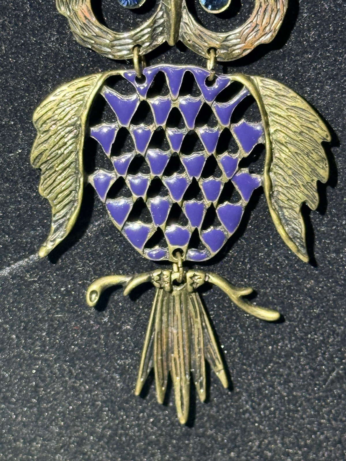 Vtg 1970″s Articulated Owl Pendant 3.75″ Silver Tone Blue Stone Eyes 30″ Chain