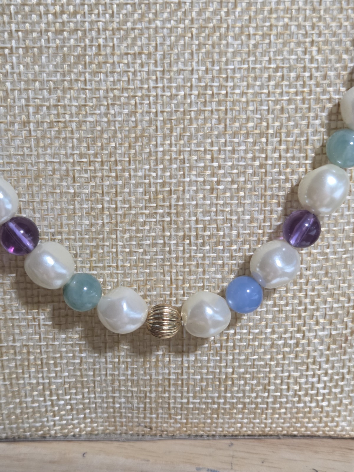 34″ Opera Faux Pearl Blue Green Purple Bead Gold Tone Necklace Barrel Clasp