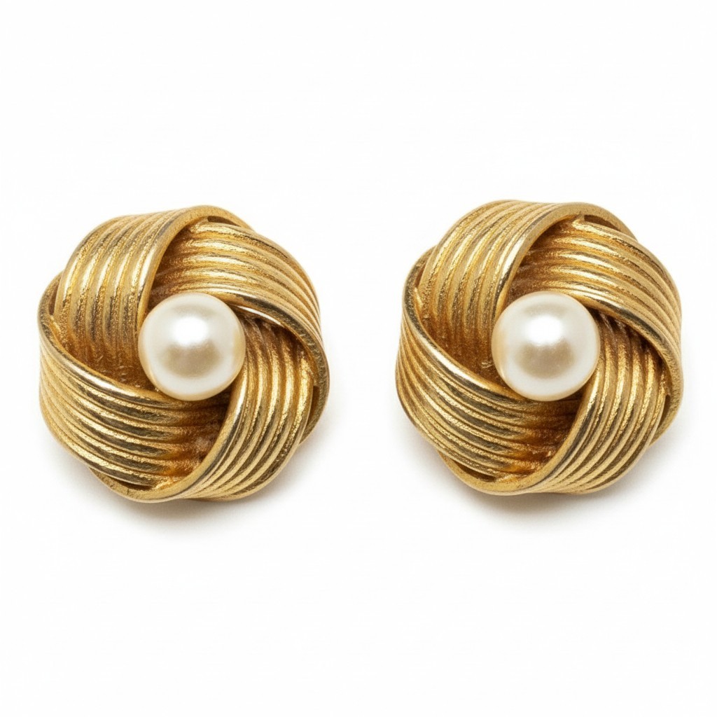 1960s Gold-Tone Love Knot Pearl Clip-On Earrings